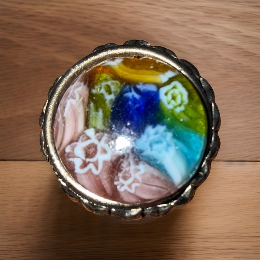 Murano Millefiori Glass Etched Silver Tone  Pill Trinket Box 1 1/2"‎ x 1 1/2"